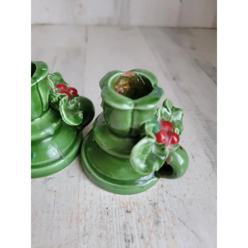 Ceramic mistletoe Holly candle stick green ceramic Xmas set home decor